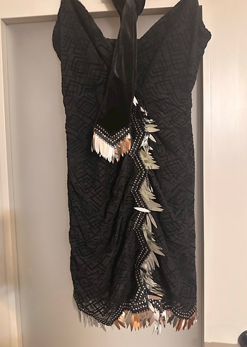 Siyah İşlemeli Drapeli Mini Gece Elbisesi - Görsel 2