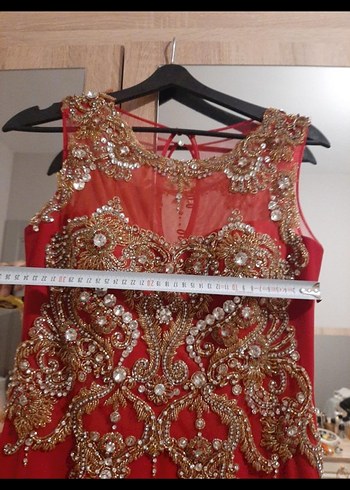 Kırmızı İşlemeli Uzun Abiye Elbise Kına Elbisesi - Görsel 4