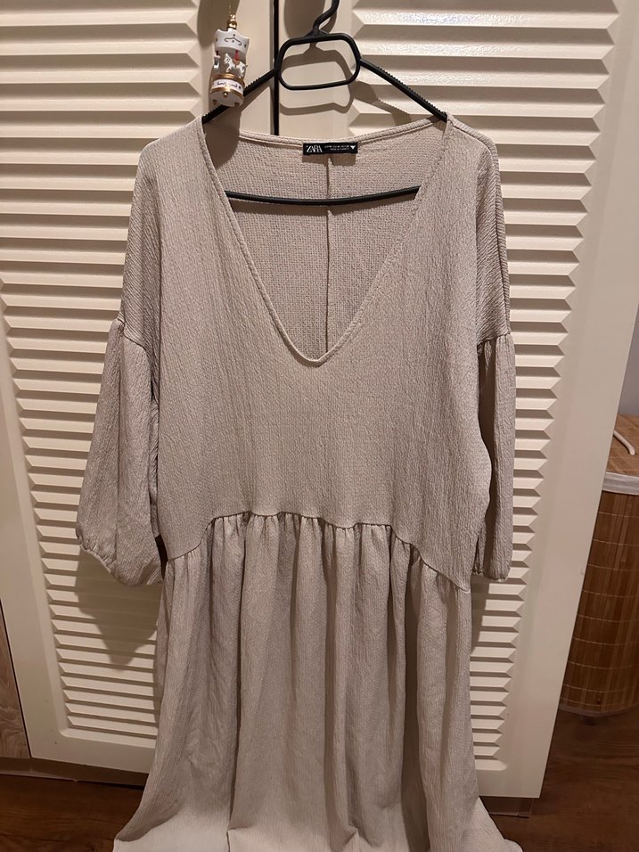 Bej V Yaka Uzun Tiril Elbise Zara - Görsel 3