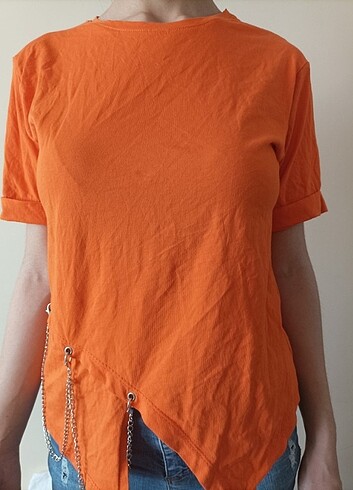 BABY LADY S beden zincir detaylı turuncu tişört 