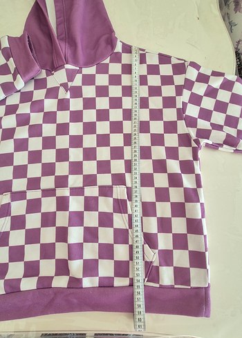 Mor Kapüşonlu Kareli Oversize Sweatshirt - Görsel 2