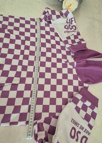 Mor Kapüşonlu Kareli Oversize Sweatshirt - Görsel 3