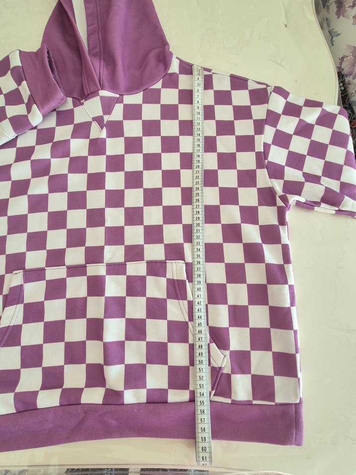 Mor Kapüşonlu Kareli Oversize Sweatshirt - Görsel 2