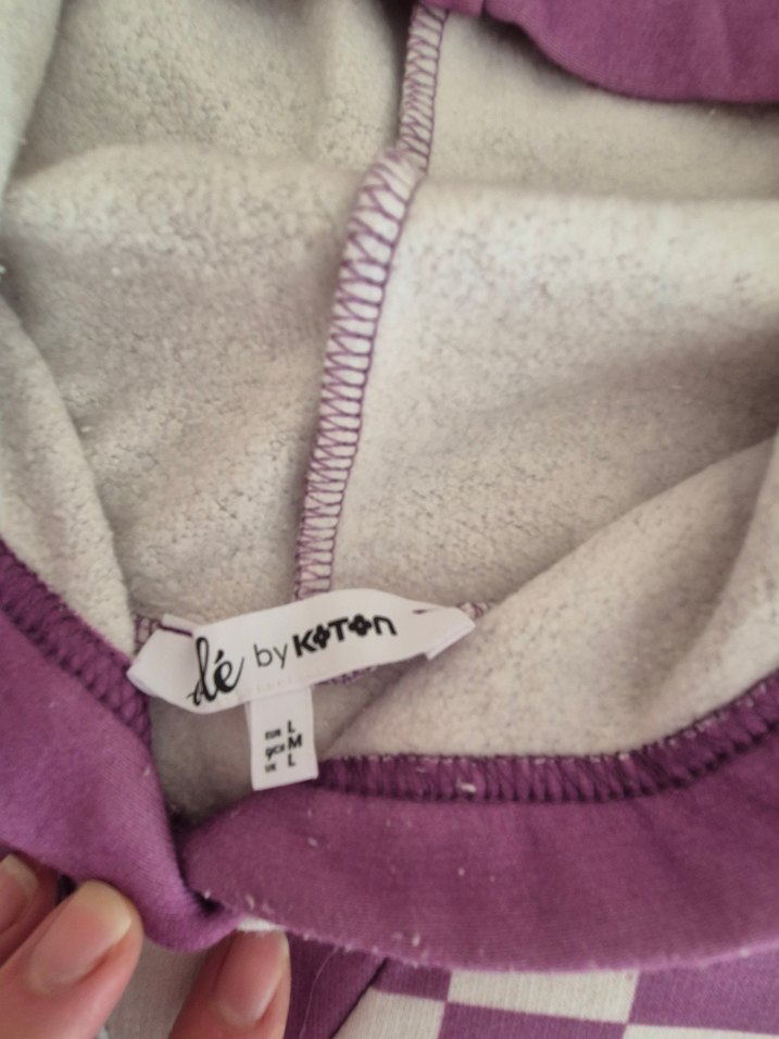 Mor Kapüşonlu Kareli Oversize Sweatshirt - Görsel 4