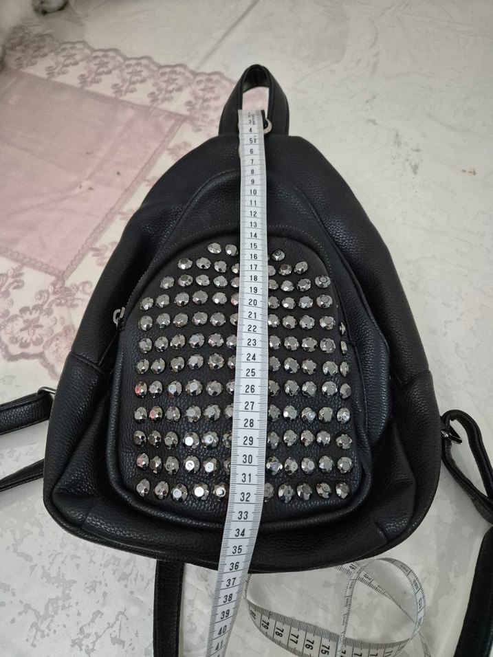 Siyah Deri Rock Punk Sırt Çantası - Görsel 2