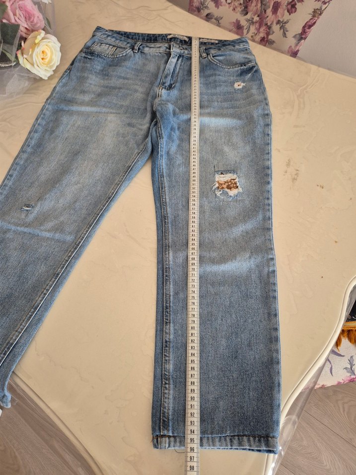 Düğmeli Mavi Loose Fit Midi Kadın Kot Pantolon - Görsel 4