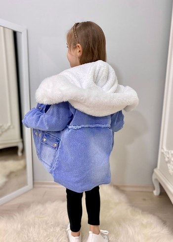 Kız Çocuk Mavi Kapüşonlu Bağlama Desenli Mont - Görsel 2