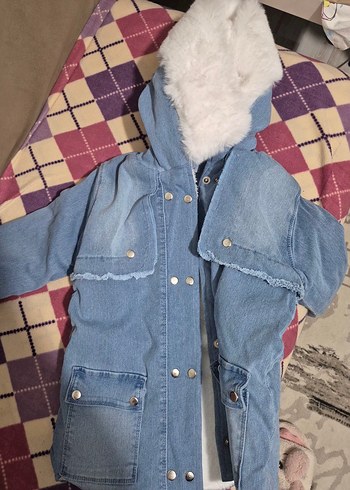 Kız Çocuk Mavi Kapüşonlu Bağlama Desenli Mont - Görsel 6