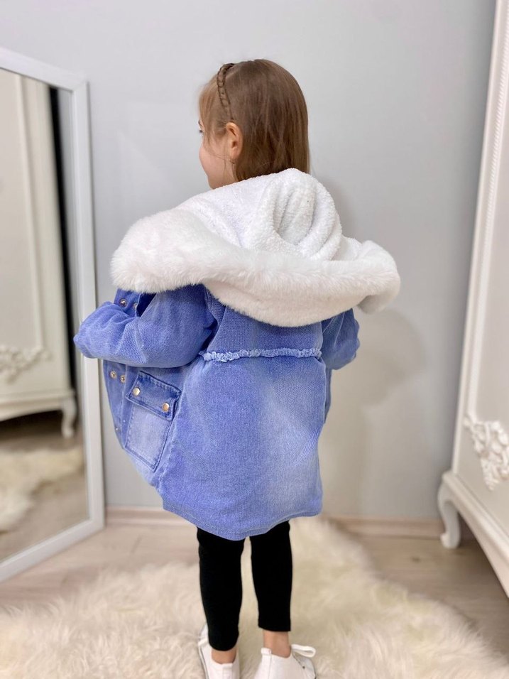 Kız Çocuk Mavi Kapüşonlu Bağlama Desenli Mont - Görsel 2