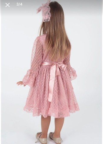 gül kurusu Dantel Detaylı Uzun Kollu Kız Çocuk Elbise - Görsel 3