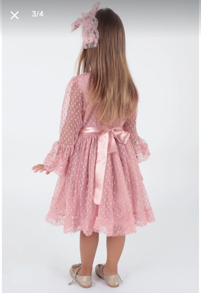 gül kurusu Dantel Detaylı Uzun Kollu Kız Çocuk Elbise - Görsel 3
