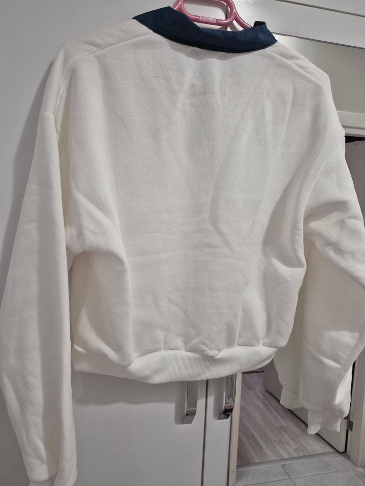 gömlek yaka Beyaz Kadın Sweatshirt - Görsel 4