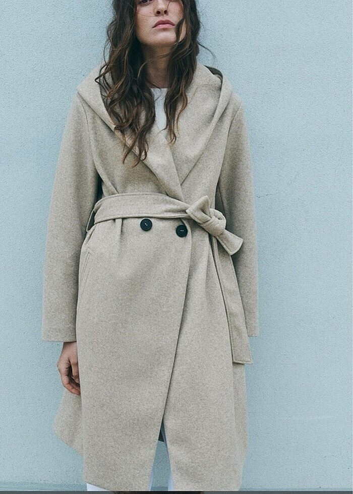 Zara Bej Kapüşonlu Kuşaklı Kaban - Görsel 5