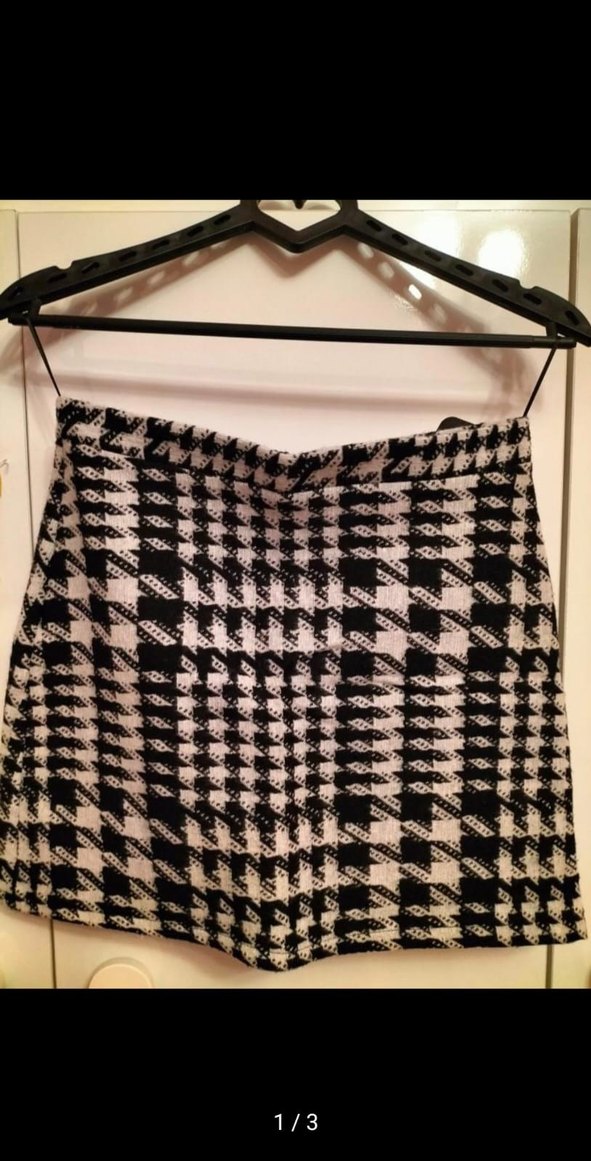 Gri Beyaz Kareli Mini Etek - Görsel 2