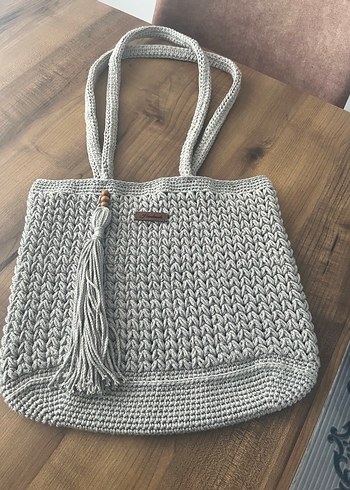 Gri Örgü Kadın Çanta Püsküllü - Görsel 2