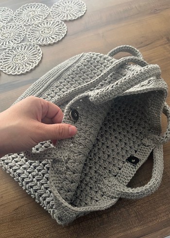 Gri Örgü Kadın Çanta Püsküllü - Görsel 4