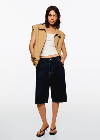 Bershka Bej Denim Midi Kadın Yelek
