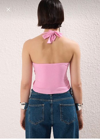 s Beden Pembe V Yaka Kemerli Mini Crop Top