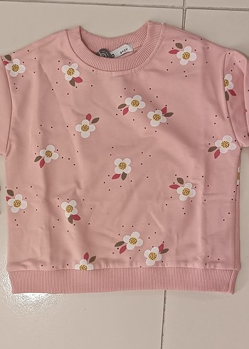 Kız Çocuk Pembe Çiçekli Kısa Kollu Sweatshirt
