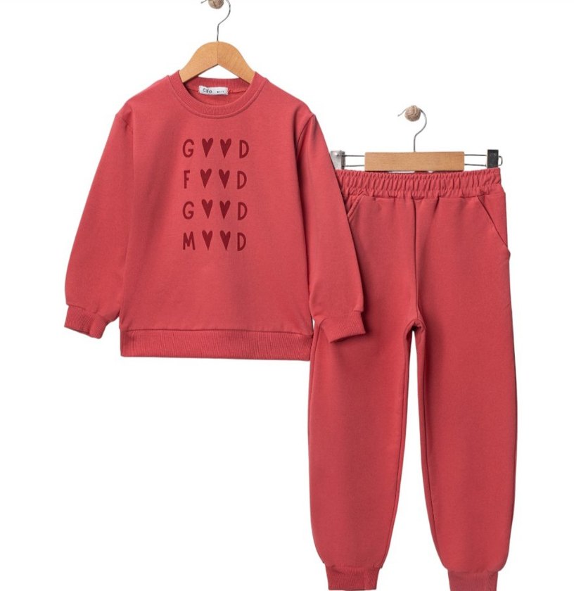 Kız Çocuk Koyu Kırmızı Baskılı Eşofman Takımı - Görsel 2