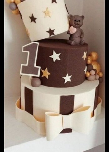 Ayıcıklı Altın renkli 3 katlı doğum günü pastası - Görsel 4