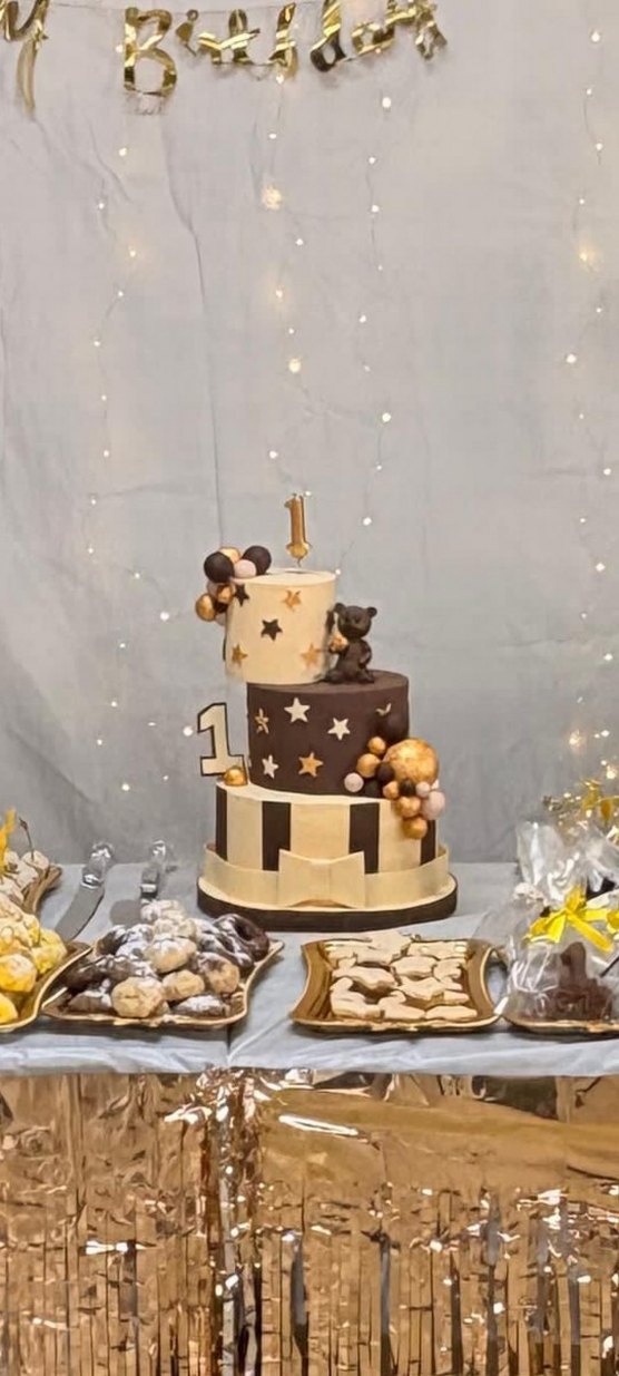 Ayıcıklı Altın renkli 3 katlı doğum günü pastası - Görsel 2
