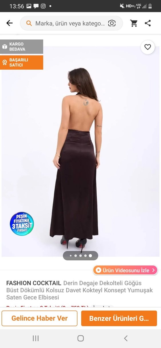 Kahverengi Drapeli V Yaka Uzun Elbise - Görsel 4