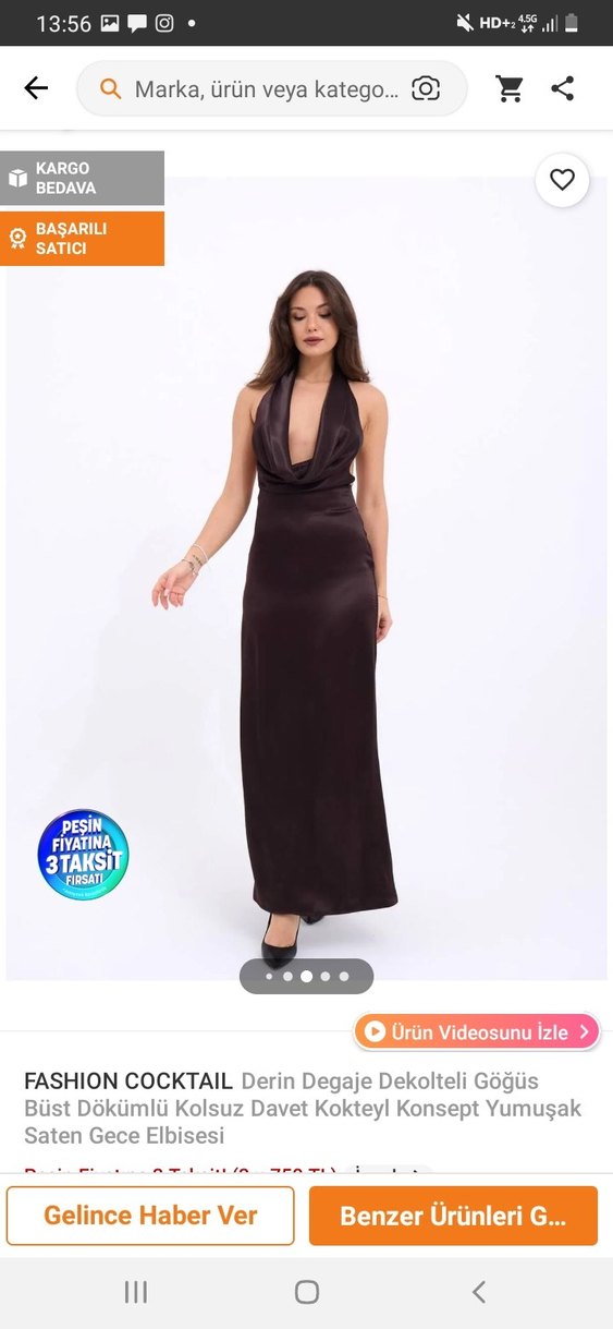 Kahverengi Drapeli V Yaka Uzun Elbise - Görsel 3