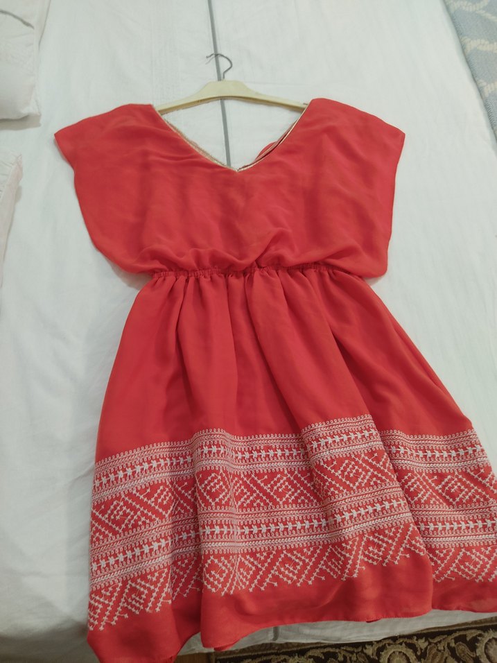 Nakışlı Kırmızı Bohem Mini Elbise - Görsel 3