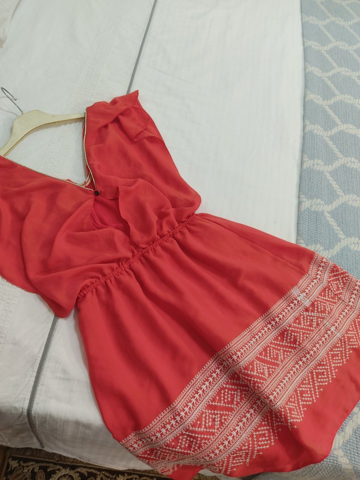 Nakışlı Kırmızı Bohem Mini Elbise - Görsel 2