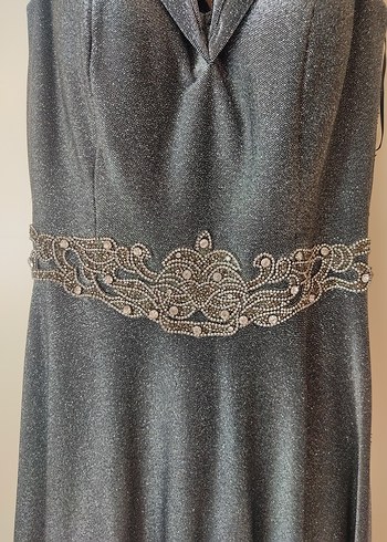 Gri Uzun Drapeli V Yaka Kadın Abiye Elbise - Görsel 2