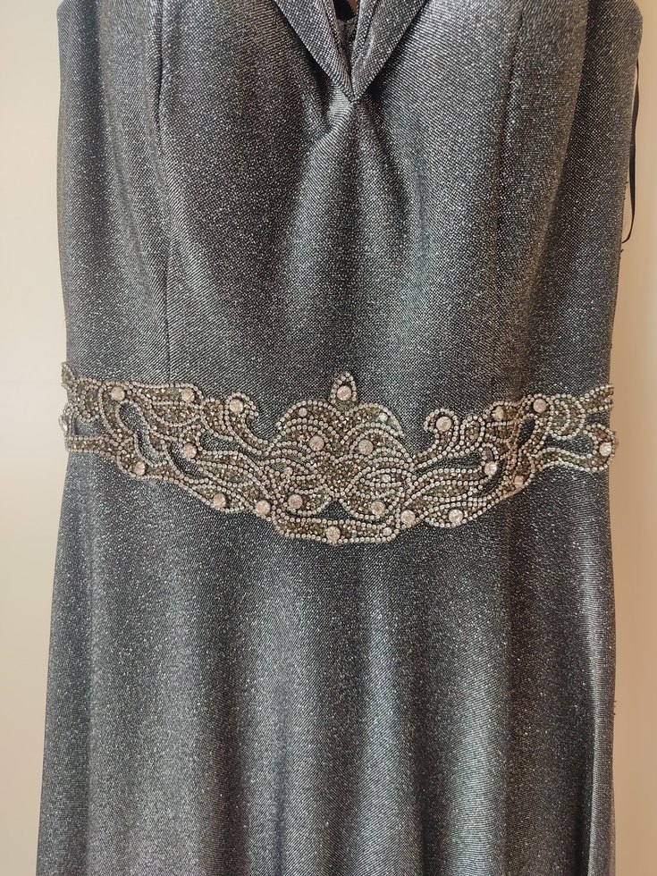 Gri Uzun Drapeli V Yaka Kadın Abiye Elbise - Görsel 2