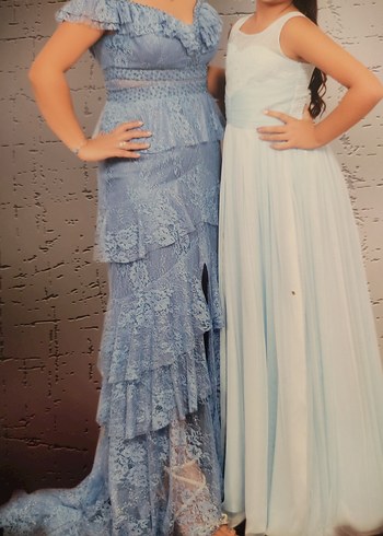 Uzun Mavi Straplez Bohem Dantel Elbise - Görsel 2