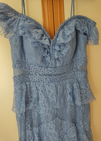 Uzun Mavi Straplez Bohem Dantel Elbise - Görsel 4