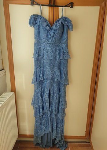 Uzun Mavi Straplez Bohem Dantel Elbise - Görsel 3