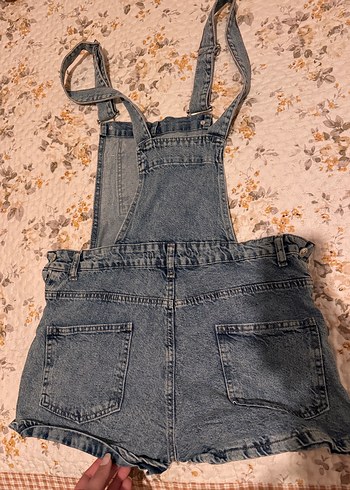 Kadın Mavi Denim Askılı Şort Tulum - Görsel 5