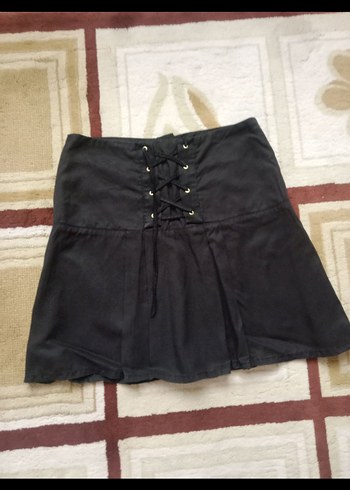 Siyah Gotik pileli Mini Etek Bağcıklı