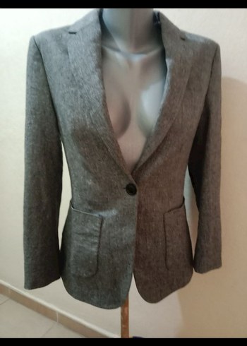 Düğmeli Gri Keten Kadın Blazer Ceket