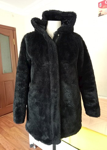 Siyah Kadın Midi Boy Kürk Detaylı Mont - Görsel 6