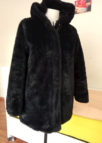 Siyah Kadın Midi Boy Kürk Detaylı Mont - Görsel 4