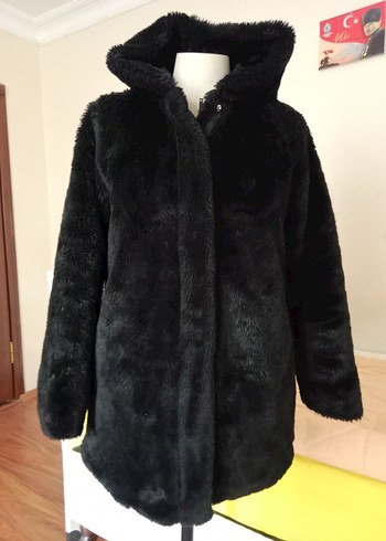 Siyah Kadın Midi Boy Kürk Detaylı Mont - Görsel 3