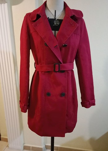 Bordo Kadın Trenchcoat, Düğmeli, Midi Boy Kalın - Görsel 6