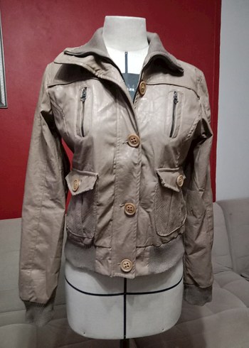 Düğmeli Bej Suni Deri Kadın Ceket - Görsel 4