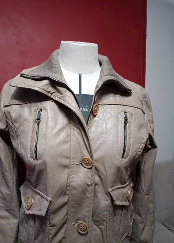 Düğmeli Bej Suni Deri Kadın Ceket - Görsel 5