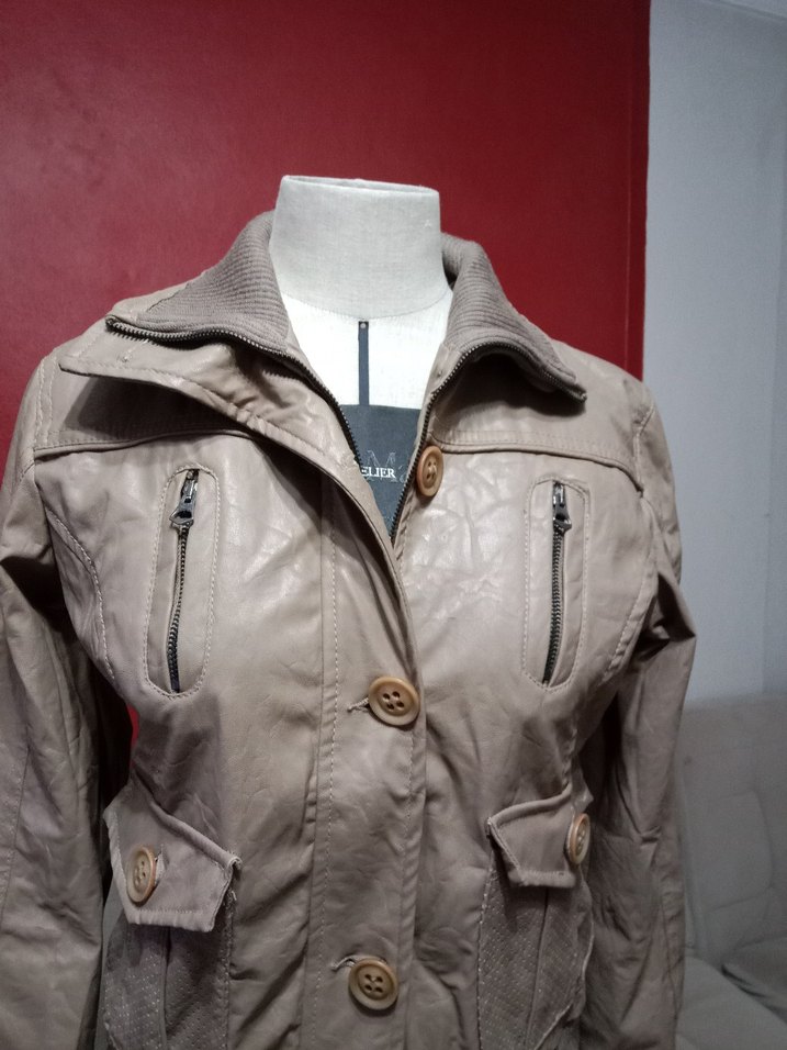 Düğmeli Bej Suni Deri Kadın Ceket - Görsel 5