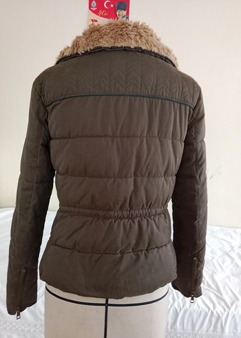 Kürk Detaylı Kapüşonlu Haki  Kadın Mont - Görsel 10