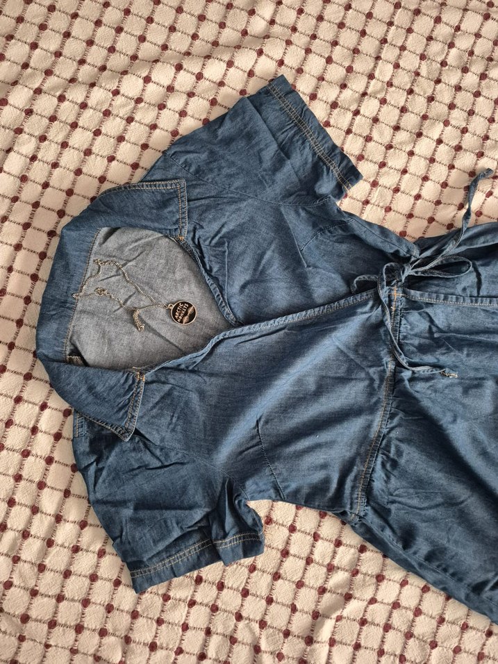 Kemerli Kısa Kollu Midi Kot Elbise - Görsel 3