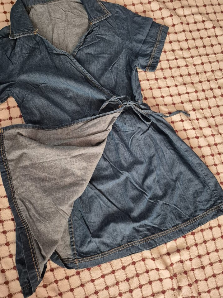 Kemerli Kısa Kollu Midi Kot Elbise - Görsel 2