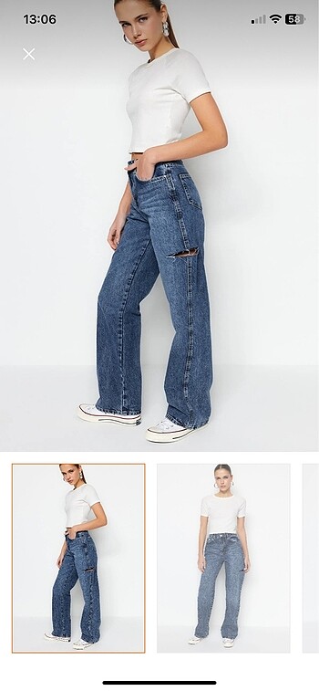 trendyolmilla koyu mavi yırtıklı yuksek bel wide leg jeans