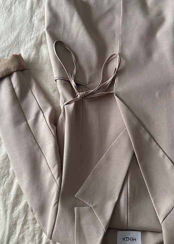 Bej Kadın Uzun Kemerli Blazer Takım  Ceket - Görsel 4